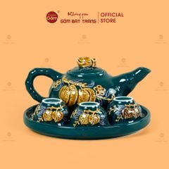 Bộ Ấm 3 Chén Thờ Men Lục Họa Tiết Cành Đào