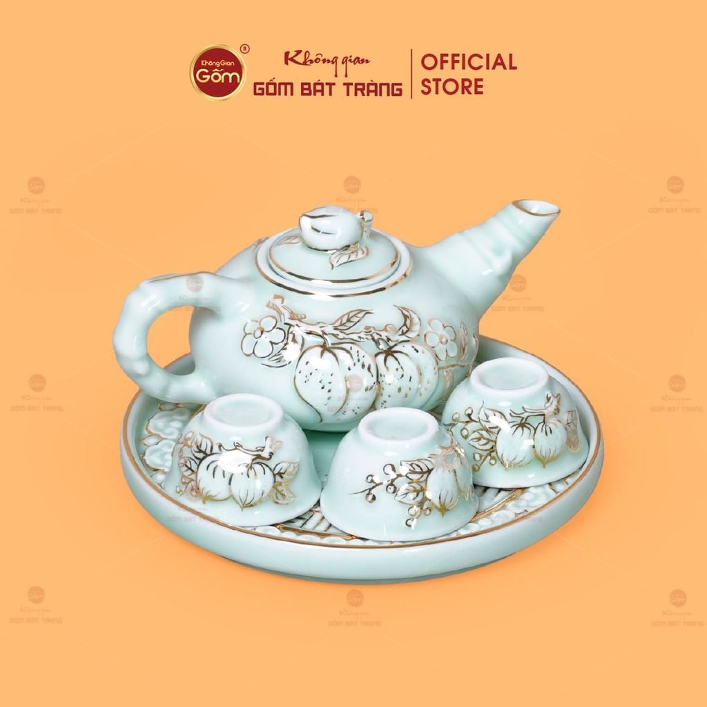 Bộ Ấm 3 Chén Thờ Men Ngọc Hoàng Tộc Vẽ Vàng Cành Đào