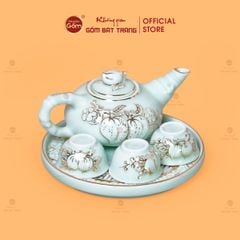 Bộ Ấm 3 Chén Thờ Men Ngọc Hoàng Tộc Vẽ Vàng Cành Đào