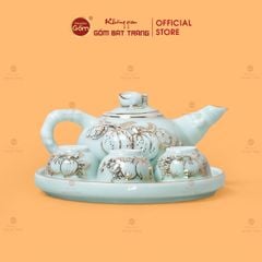 Bộ Ấm 3 Chén Thờ Men Ngọc Hoàng Tộc Vẽ Vàng Cành Đào