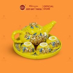 Bộ Ấm 3 Chén Thờ Men Vàng Họa Tiết Cành Đào