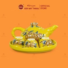 Bộ Ấm 3 Chén Thờ Men Vàng Họa Tiết Cành Đào