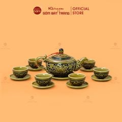 Bộ Ấm Chén Khắc Nổi Hoa Phù Dung Nền Đen