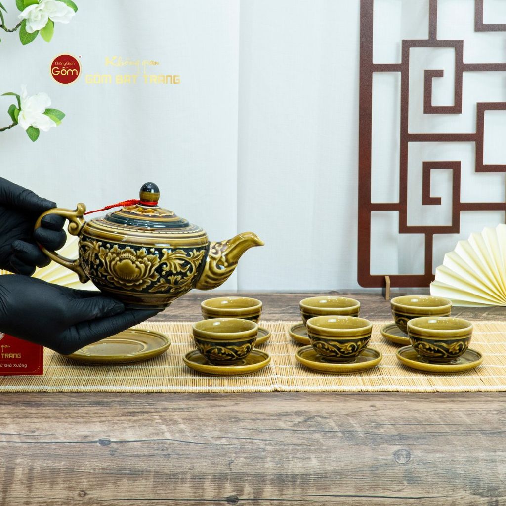 Bộ Ấm Chén Khắc Nổi Hoa Phù Dung Nền Đen