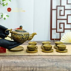 Bộ Ấm Chén Khắc Nổi Hoa Phù Dung Nền Đen