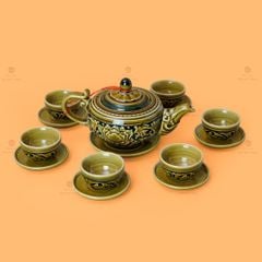 Bộ Ấm Chén Khắc Nổi Hoa Phù Dung Nền Đen