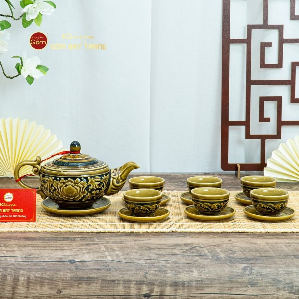 Bộ Ấm Chén Khắc Nổi Hoa Phù Dung Nền Đen