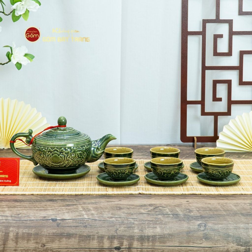 Bộ Ấm Chén Khắc Nổi Hoa Phù Dung