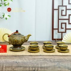 Bộ Ấm Chén Khắc Nổi Hoa Sen Nền Cổ