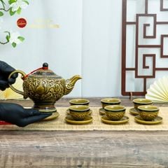 Bộ Ấm Chén Khắc Nổi Hoa Sen Nền Cổ