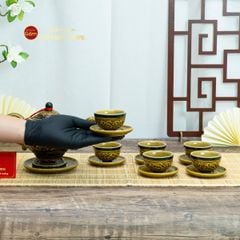 Bộ Ấm Chén Khắc Nổi Hoa Sen Nền Cổ