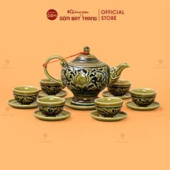 Bộ Ấm Chén Khắc Nổi Hoa Sen Nền Đen
