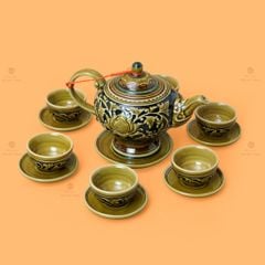 Bộ Ấm Chén Khắc Nổi Hoa Sen Nền Đen