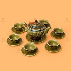 Bộ Ấm Chén Khắc Nổi Hoa Sen Nền Vàng