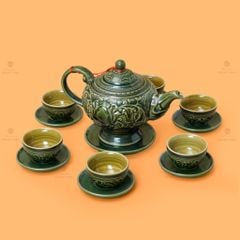 Bộ Ấm Chén Khắc Nổi Hoa Sen Nền Xanh Ngọc