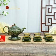 Bộ Ấm Chén Khắc Nổi Hoa Sen Nền Xanh Ngọc