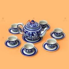 Bộ Ấm Chén Men Lam Vẽ Tay Hoa Lá Dây