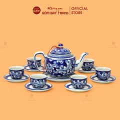 Bộ Ấm Chén Men Lam Vẽ Tay Hoa Lá Dây