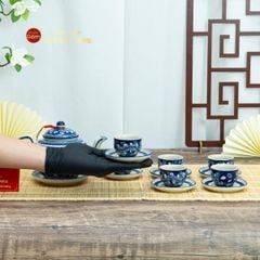 Bộ Ấm Chén Men Lam Vẽ Tay Hoa Lá Dây