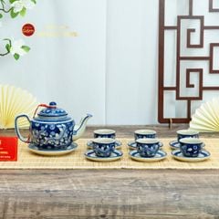 Bộ Ấm Chén Men Lam Vẽ Tay Hoa Lá Dây