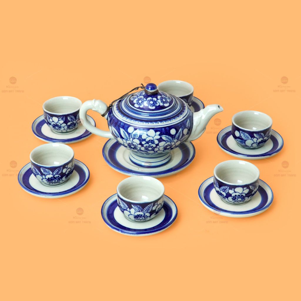 Bộ Ấm Chén Men Lam Vẽ Tay Hoa Mai