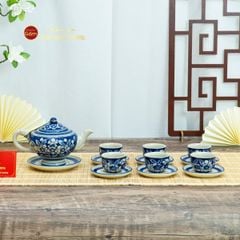 Bộ Ấm Chén Men Lam Vẽ Tay Hoa Mai