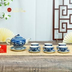 Bộ Ấm Chén Men Lam Vẽ Tay Hoa Sen