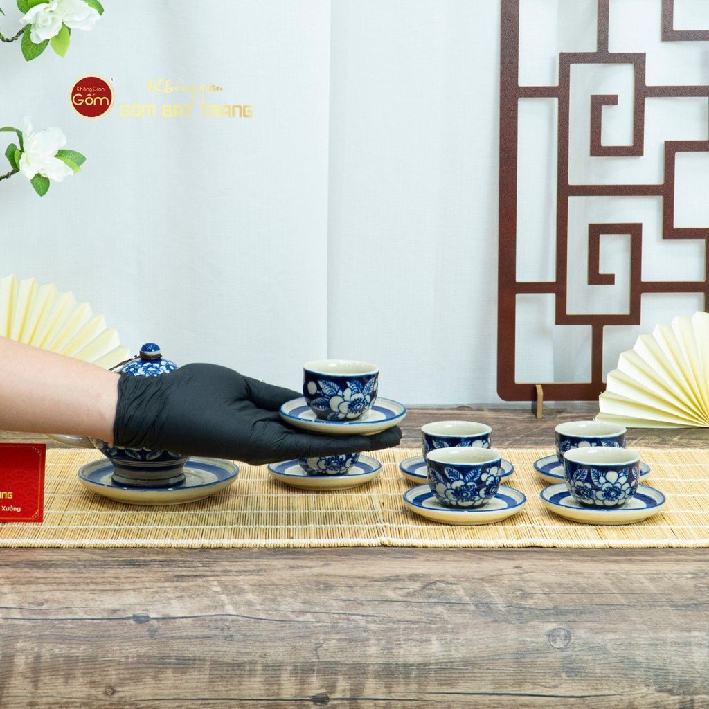 Bộ Ấm Chén Men Lam Vẽ Tay Hoa Sen