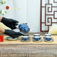 Bộ Ấm Chén Men Lam Vẽ Tay Hoa Sen