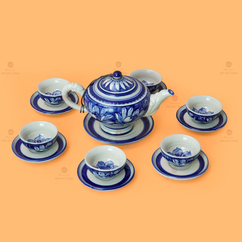 Bộ Ấm Chén Men Lam Vẽ Tay Hoa Sen