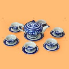 Bộ Ấm Chén Men Lam Vẽ Tay Hoa Sen