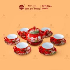 Bộ Ấm Chén Queen Đỏ Hoa Sen Đắp Nổi Vẽ Vàng