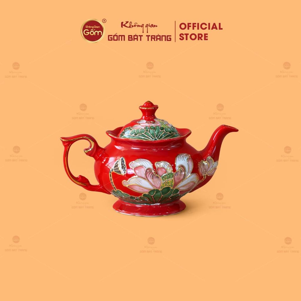 Bộ Ấm Chén Queen Đỏ Hoa Sen Đắp Nổi Vẽ Vàng