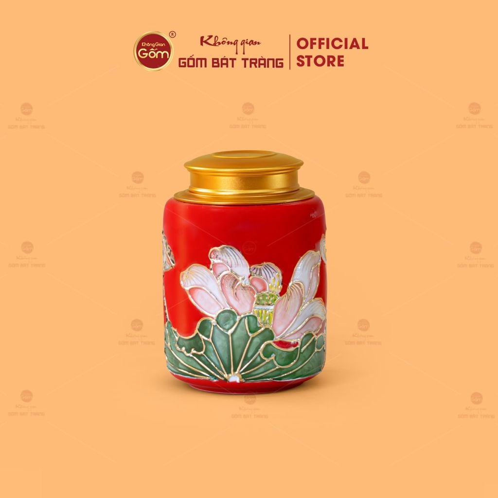 Bộ Ấm Chén Queen Đỏ Hoa Sen Đắp Nổi Vẽ Vàng