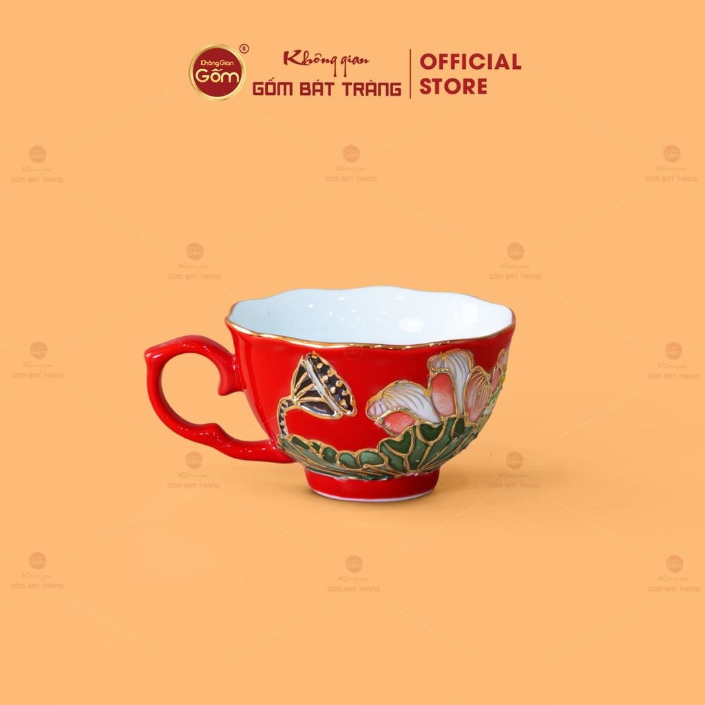 Bộ Ấm Chén Queen Đỏ Hoa Sen Đắp Nổi Vẽ Vàng