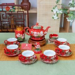 Bộ Ấm Chén Queen Đỏ Hoa Sen Đắp Nổi Vẽ Vàng