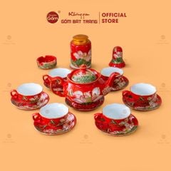 Bộ Ấm Chén Queen Đỏ Hoa Sen Đắp Nổi Vẽ Vàng