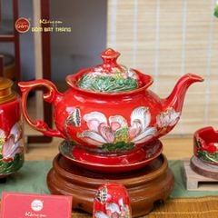Bộ Ấm Chén Queen Đỏ Hoa Sen Đắp Nổi Vẽ Vàng