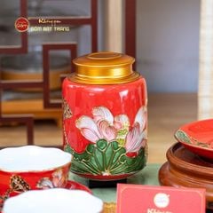 Bộ Ấm Chén Queen Đỏ Hoa Sen Đắp Nổi Vẽ Vàng