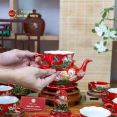 Bộ Ấm Chén Queen Đỏ Hoa Sen Đắp Nổi Vẽ Vàng