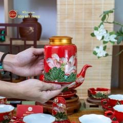 Bộ Ấm Chén Queen Đỏ Hoa Sen Đắp Nổi Vẽ Vàng
