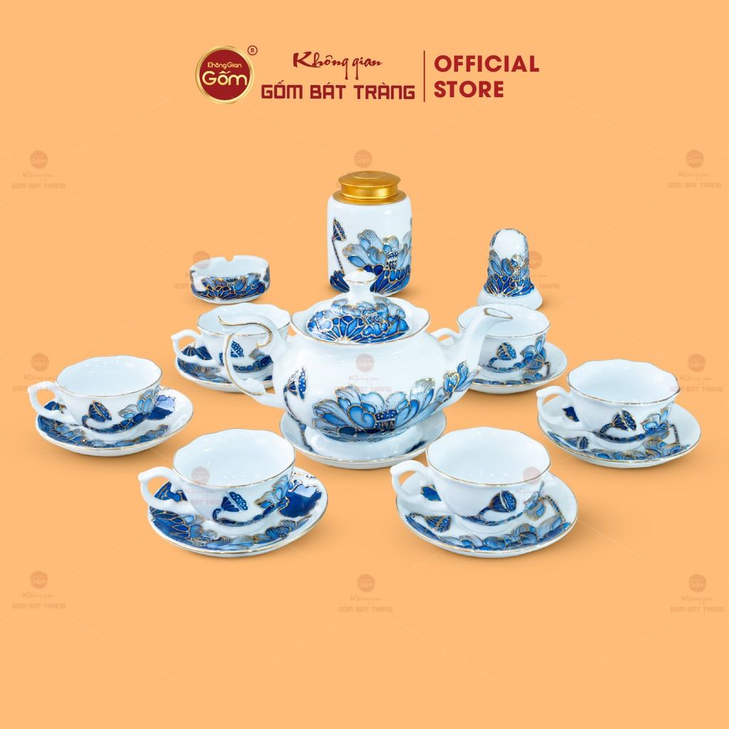 Bộ Ấm Chén Queen Trắng Hoa Sen Tím Đắp Nổi Vẽ Vàng