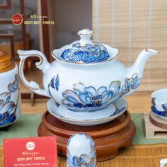 Bộ Ấm Chén Queen Trắng Hoa Sen Tím Đắp Nổi Vẽ Vàng