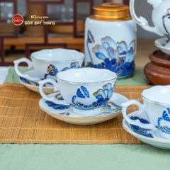 Bộ Ấm Chén Queen Trắng Hoa Sen Tím Đắp Nổi Vẽ Vàng