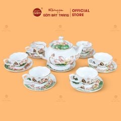 Bộ Ấm Chén Queen Trắng Hoa Sen Xanh Đắp Nổi Vẽ Vàng