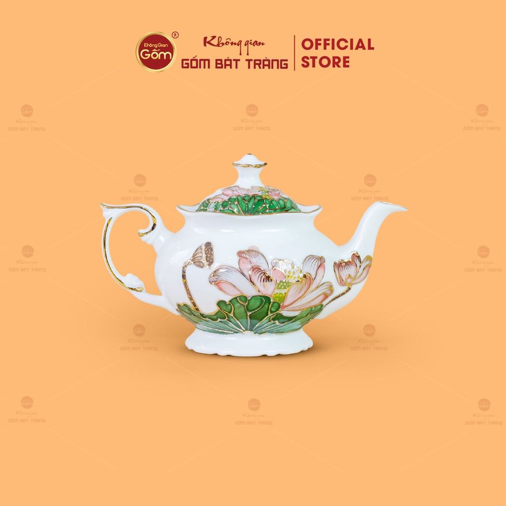 Bộ Ấm Chén Queen Trắng Hoa Sen Xanh Đắp Nổi Vẽ Vàng