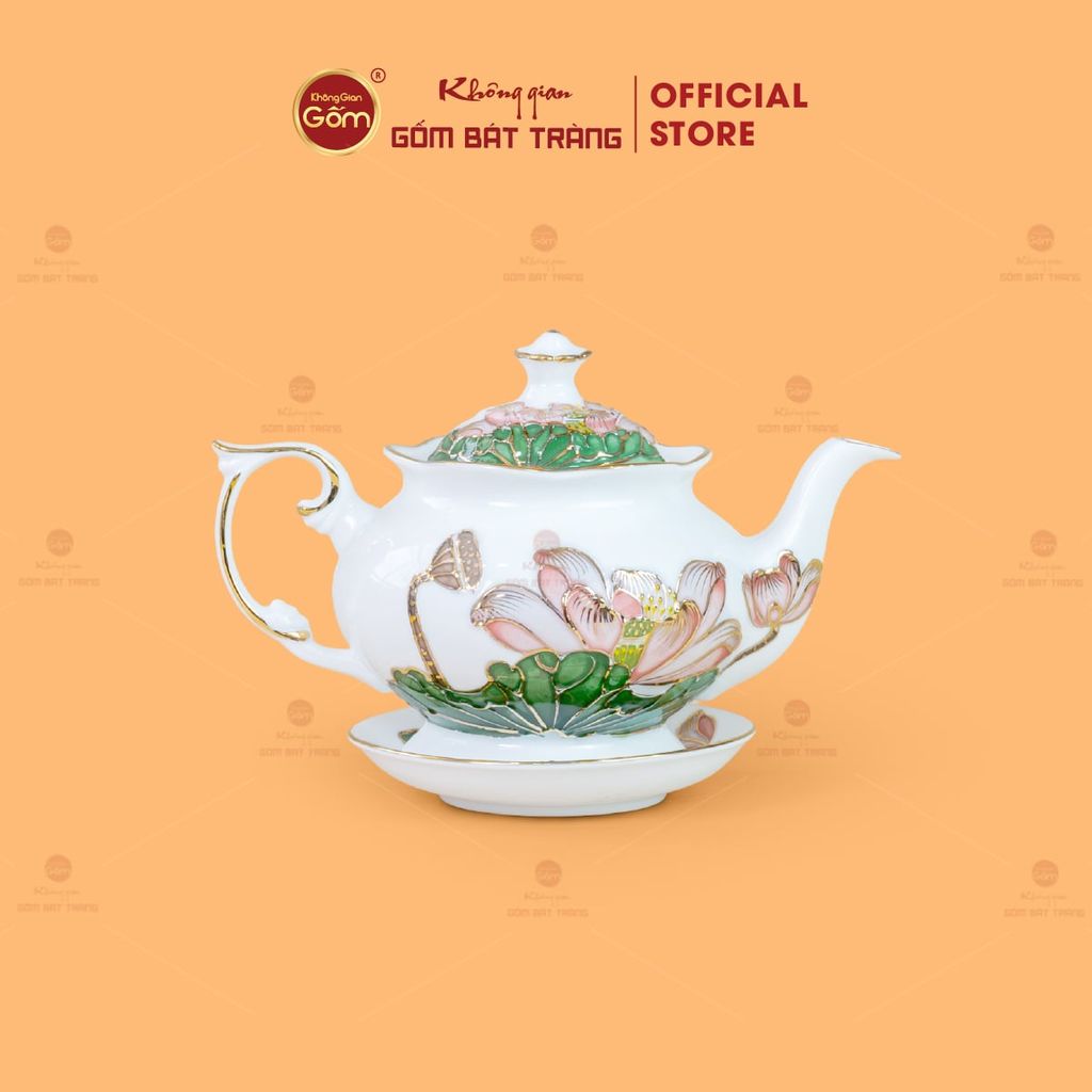 Bộ Ấm Chén Queen Trắng Hoa Sen Xanh Đắp Nổi Vẽ Vàng