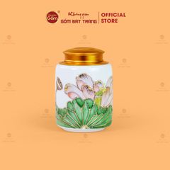 Bộ Ấm Chén Queen Trắng Hoa Sen Xanh Đắp Nổi Vẽ Vàng