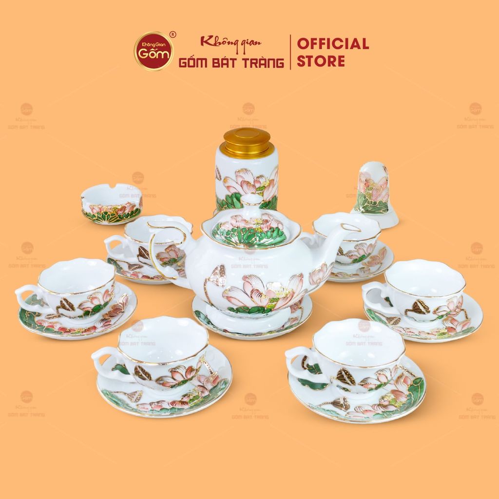Bộ Ấm Chén Queen Trắng Hoa Sen Xanh Đắp Nổi Vẽ Vàng