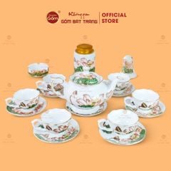 Bộ Ấm Chén Queen Trắng Hoa Sen Xanh Đắp Nổi Vẽ Vàng